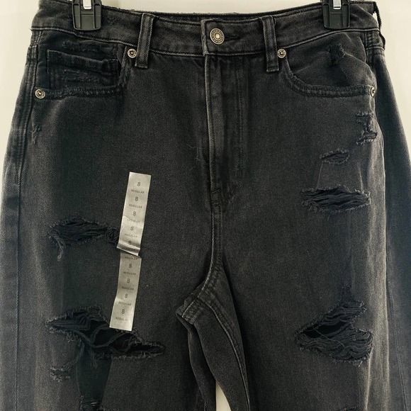 AMERICAN EAGLE Mom Jeans Comfort Stretch Waistband Black Distressed NWT Size 8 - Picture 10 of 16